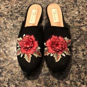 Suede slip on mule with patchwork embroidery